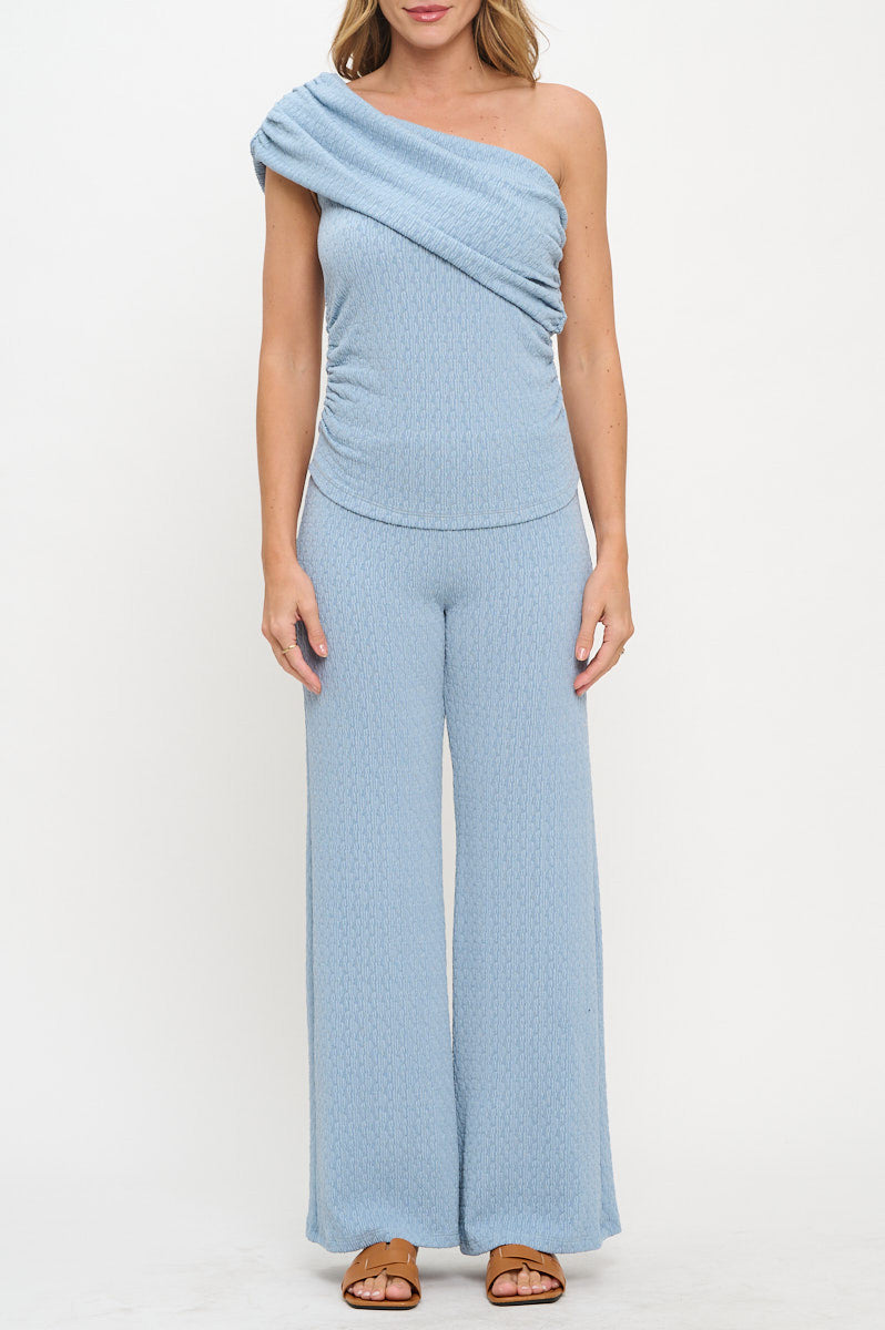 Textured One Shoulder Top with Ruched Detail-1