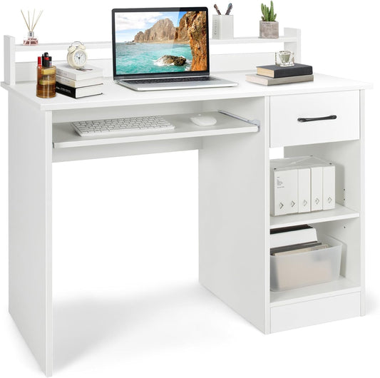 Modern White Desk with Drawer and Keyboard Tray-0
